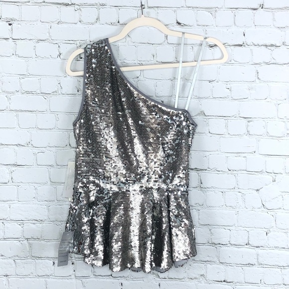 Eliza J Silver Sequin One Shoulder Peplum Top NWT - Picture 3 of 5